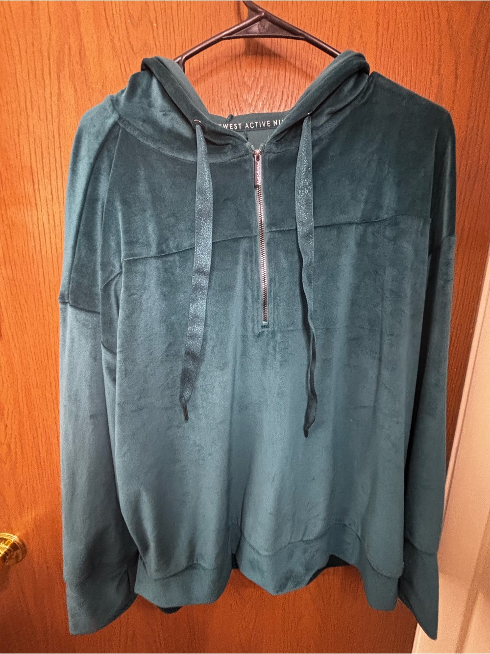 Nine West Teal Velvet Half-Zip Hoodie with thumb holes